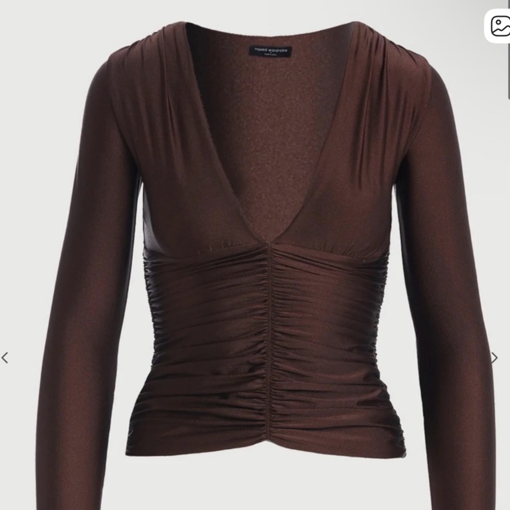 Naked Wardrobe Brown Long Sleeve V-Neck Top - size M